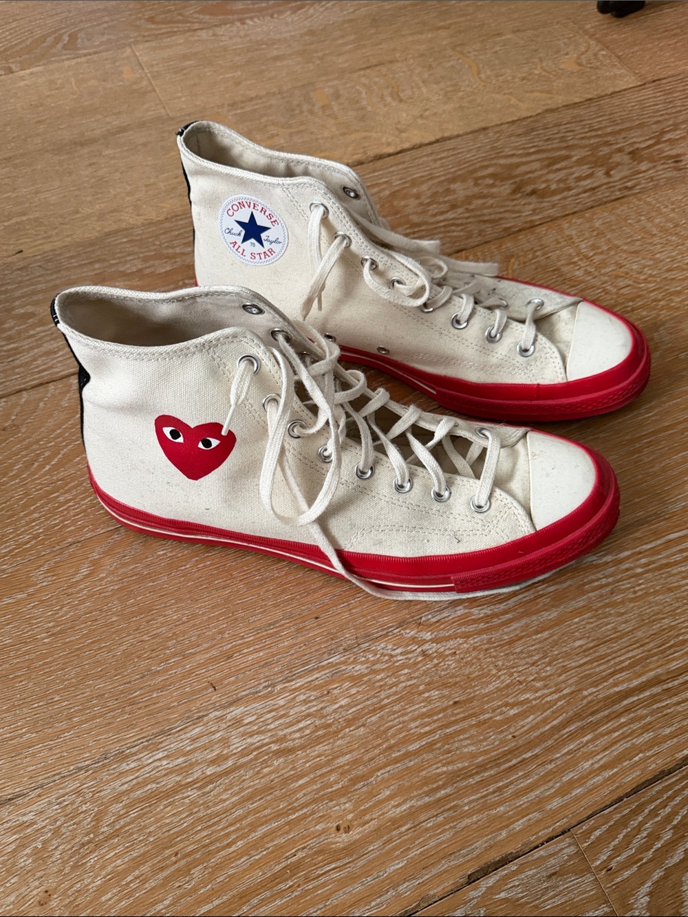 Comme des Garcons PLAY x Converse High-Top Sneakers in Cream and Red